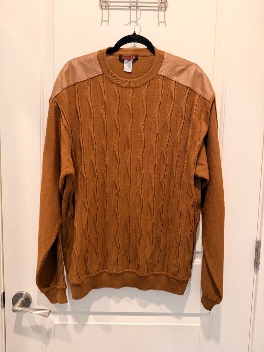 Torras Men's Brown Cable Knit Pullover Sweater with Leather Shoulder Size L